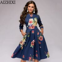 ZZOOI AIZHIXI Autumn Elegent 3/4 Sleeve Florl Print Dress Women Casual O-Neck A Line Summer Dresses Elegent Party Vestidos