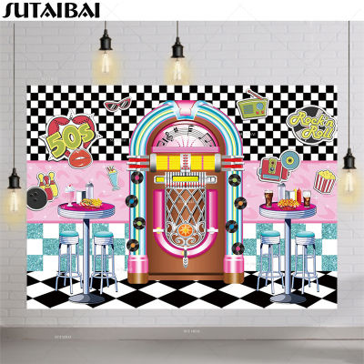50s Backdrop for Birthday Party Background 1950s Retro Shop Photo Backdrops Diner Time Rock Roll Classic Party Decoration Banner