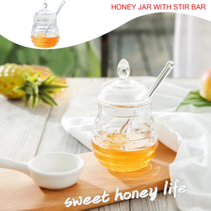 Transparent Beehiveshaped Honey Jar with Stick for Storing and Dispensing Honey Syrup Dispenser