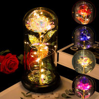 NewArtificial Eternal Rose LED Light Beauty The Beast In Glass Gold Foil Flower Valentines Day Gift Fairy Lights Bedroom Decor