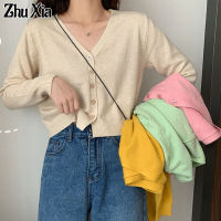 ZHUXIA สไตล์เกาหลีแขนยาวสีทึบเสื้อสเวตเตอร์ถัก Slim Fit V คอ Simple Top Single Breasted Tee