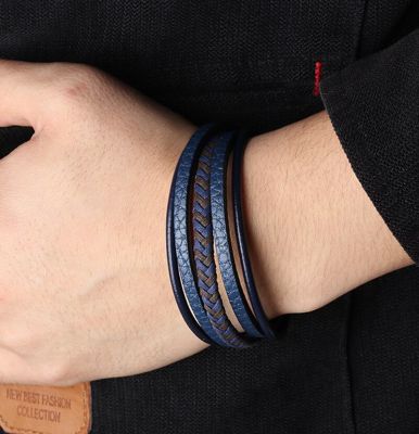 Braided Blue Color Leather Bracelets for Men Armband Heren Trendy Genuine Leather Bracelets with Magnetic Factory Wholesale Adhesives Tape