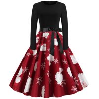 WomenS Christmas Snowman Print Retro Round Neck Long Sleeve Big Swing Dress