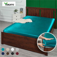 Satin Silk Fitted Sheet Luxury Solid Color Mattress Cover Elastic Band Double Bed Sheet Bedspread Cover Queen King Size Teal