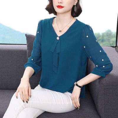 เสื้อรุ่นเกาหลีแบบหลวมเสื้อชีฟองสำหรับผู้หญิง,เสื้อคอวี2023ฤดูใบไม้ผลิ/ฤดูร้อนเสื้อแขน3/4ใหม่สำหรับคุณแม่วัยกลางคน