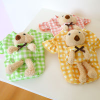 DY รักเกาหลีใหม่สุนัขเสื้อผ้าตาข่าย Ruffle เสือเชิ้ตมีกระเป๋า3D Bear Grid เสื้อเชิ้ตลายหมาสำหรับ Shihtzu Pomeranian Teddy Schnauzer