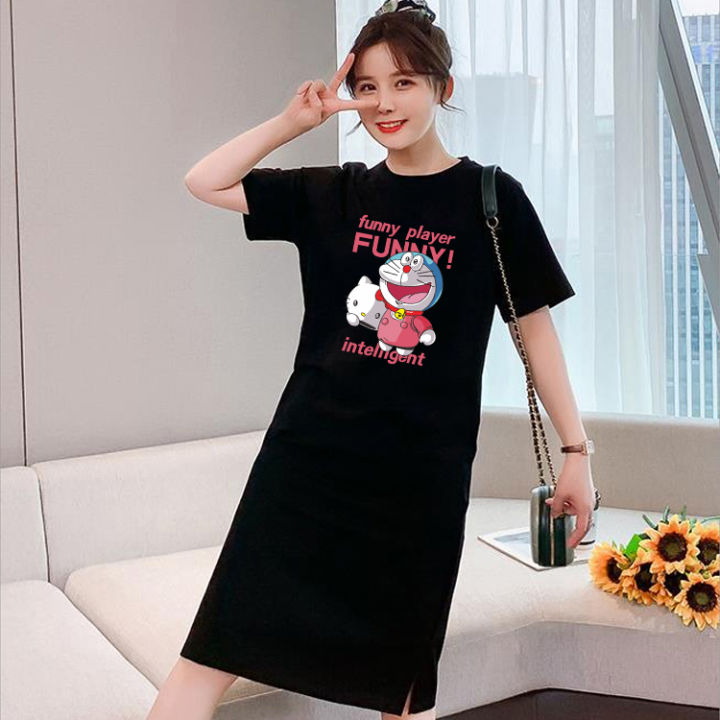 q245-กระโปรงเกาหลีของผู้หญิง-เดรสเสื้อยืดพิมพ์ลายทรงหลวมกระโปรงฤดูร้อน