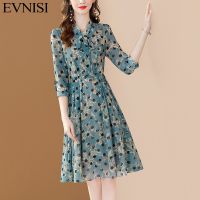 【YF】 EVNISI Chiffon Print Women Green Dress V-neck Three Quarter Sleeve Spring A-line Dresses Chic Office Lady Vestidos 2023