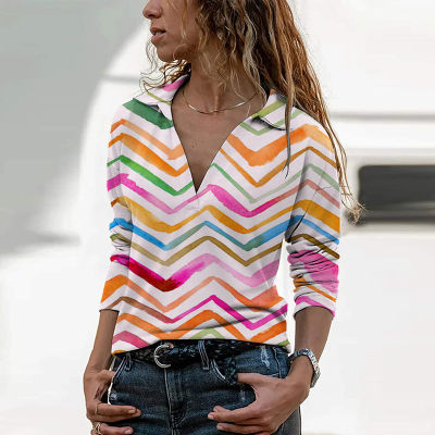 Woman Clothing Turndown Collar Stripe Printing Long Sleeve T-shirts Vintage Aesthetic Tops Pulovers Harajuku Oversized T Shirt