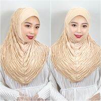 【CC】♧●  Muslim Pleated Hijab Womens Headscarf Windproof Wrap Scarf Pullover Hat