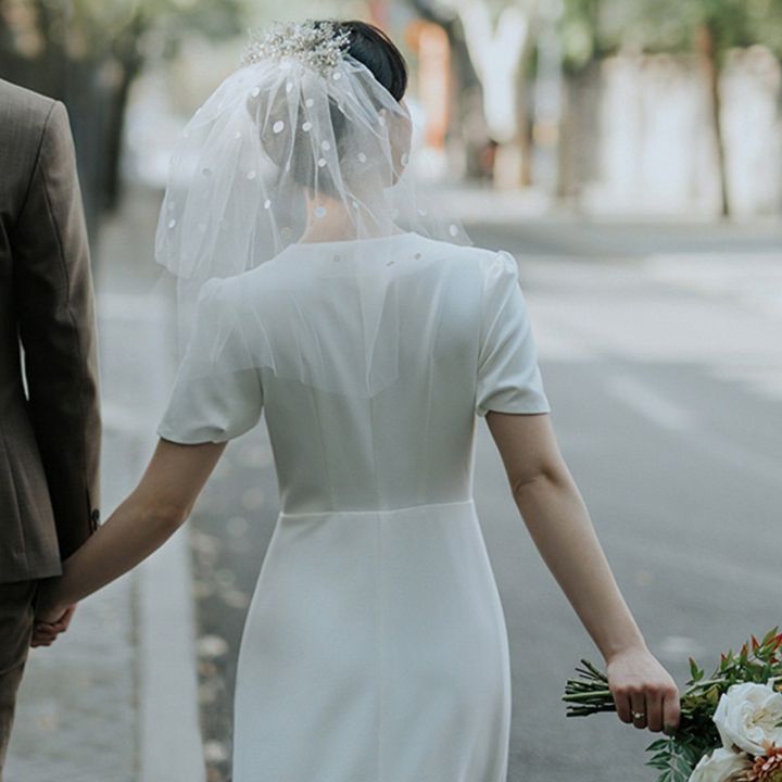 qs172ซาตินอมตะสุดแบบเรียบง่ายที่สุดโมริชุดเจ้าสาวยาวชุดเดรสแบบสั้นพลเรือนชุดแต่งงาน