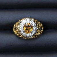 แหวนพลอยบุษราคัมน้ำทองบางกะจะ(Yellow Sapphire) เรือนเงินแท้ 92.5% ชุบทอง ล้อมด้วยเพชรCZ เกรดสวยพิเศษจากรัสเซีย ไซด์นิ้ว54 หรือเบอร์ 7US