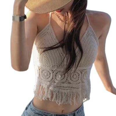 ผู้หญิง Holiday Beach Halter Crop Top Hollow โครเชต์ถักรูปแบบวงกลม Camisole เซ็กซี่ Backless พู่ Hem เบาะ Bustier