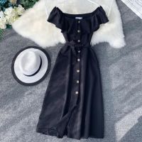 ZZOOI FTLZZ New Women Sexy Slash Neck Chiffon Dress Summer Off Shoulder Ruffles Single Breasted High Waist Sashes Dress Vestidos