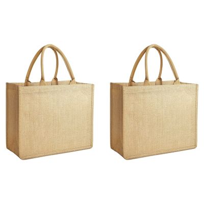 Burlap Jute Tote Bags Reusable Cotton Shopping Grocery Bag Laminated Interior with Handles