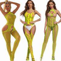 ZZOOI Sexy Fishnet Bodysuits Women Mesh Bodystockings Yellow Lingerie  Jumpsuit Ladies Costume Crothless Tighties