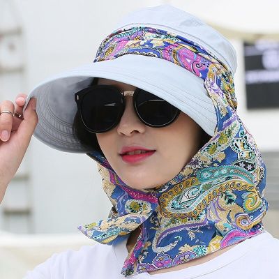 【CC】Women Anti-UV Sun Hat Beach Foldable Sunscreen Floral Print Caps Neck Face Care Wide Brim Hat New Summer Outdoor Riding
