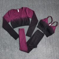 【YD】 Ombre Set Workout Sleeve Crop Top Seamless Leggings Gym Clothing Sportswear Suits