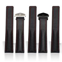 For TAG Heuer Watchband Carbon Fiber Texture Cow Leather Bottom BLACK RED Wristband Mens Strap 20Mm 22Mm With Folding Buckle