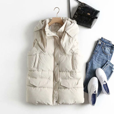 Casual Solid Color Womens Vest Cotton Hooded Thicken Down Coat Sleeveless Winter Vests For Women