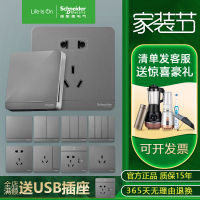 Schneider switch socket LED official flagship store Shishang fluorescent gray ins gray five-hole socket USB panel