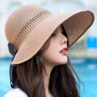 [hot]Women Summer Shade Breathable Sun Hat Foldable Bow Streamer Big Brim Empty Top Straw Hat Outdoor Travel Beach Sunscreen Cap U90