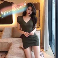 ?Kim-shop*? พร้อมส่ง?เดรสไหมพรม มินิเดรส คอวี จับจีบข้าง งานสวย