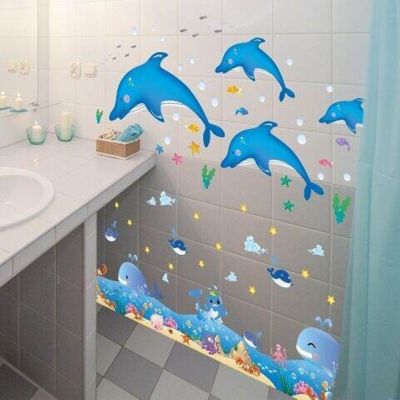 Wall Sticker Wallpaper Wall Wallpaper Self-Adhesive Toilet Bathroom Cartoon Wall Sticker Underwater World Fish Waterproof Double-Sided Sticker