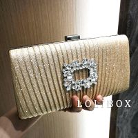 Rhinestone square buckle pleated glitter square box clutch womens small bag crossbody dinner party nightclub dress bag 【JYUE】