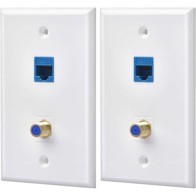 Ethernet Coax Wall Plate Outlet with 1 Cat6 Keystone Port and 1 Gold-Plated Coax F Type Port RJ45 Wall Plates