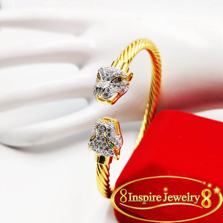 inspire-jewelryชุดเซ็ทกำไลหัวเสือและแหวนฝังเพชรcz-ตาพลอย-free-size-งานดูแพง-เพชรเล่นแสงดีมาก-งานชุปทอง