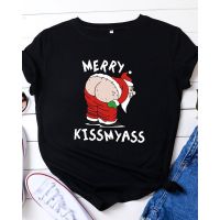 【HOT】Funny Christmas Merry Kiss My Ass Print Women T Shirt Short Sleeve O Neck Loose Women Tshirt Ladies Tee Shirt Tops Mujer100%cotton