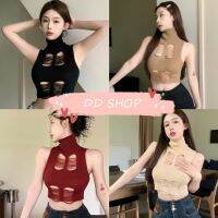 DD SHOPพร้อมส่ง W391 เสื้อกล้ามไหมพรม คอเต่า ดีเทลขาดๆเซ็กซี่ -C