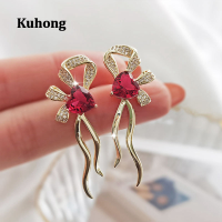 Kuhong Gorgeous Red Heart CZ Gold สีต่างหูผู้หญิงสำหรับงานแต่งงานหมั้นเจาะอุปกรณ์เสริม Bow ต่างหูแฟชั่น Jewelry