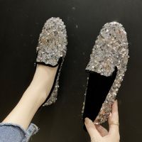 Women Flat Glitter Sneakers Casual Female Slip-On Bling Platform Comfortable Plus Size Loafer Shoes Spring and Autumn Fashion