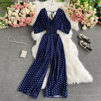 ﹍ஐ♗ touji205285128 F V Neck Dolman Sleeves Waist Dot Print Jumpsuit Wide Leg Trousers