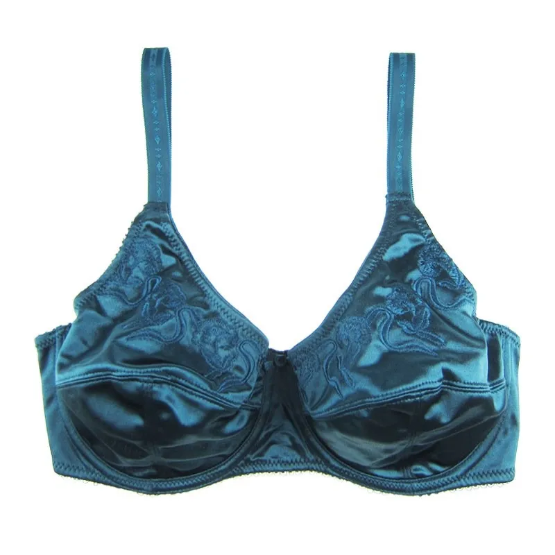 C-046 Women Bra Black/Green/Silver 3 Colours Satin Embroidery Unlined Push  Up Cup Big