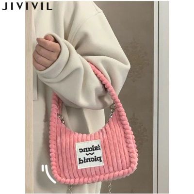 【Candy style】 JIVIVIL ผู้หญิงไหล่กระเป๋า crossbody แฟชั่นตัวอักษร corduroy สบาย ๆ กระเป๋า baguette