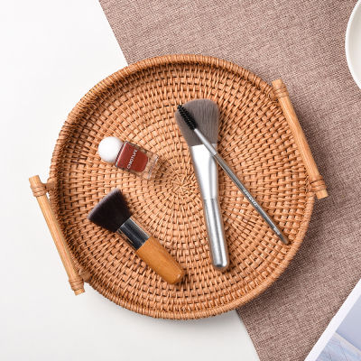 32cm Rattan Handwoven Round Serving Tray Food Storage Plate With Wooden Handles Wicker Basket Wooden Tray For Fruit Breadbasket