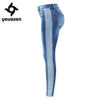 20212176 Youaxon Brand New Side Stripe Jeans Women`s Mid High Waist Stretch Denim Skinny Pants Trousers Jeans For Women