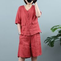 【DT】hot！ New Cotton Two-piece Shorts Set Womens Thin Literary Short Sleeve Top Temperament