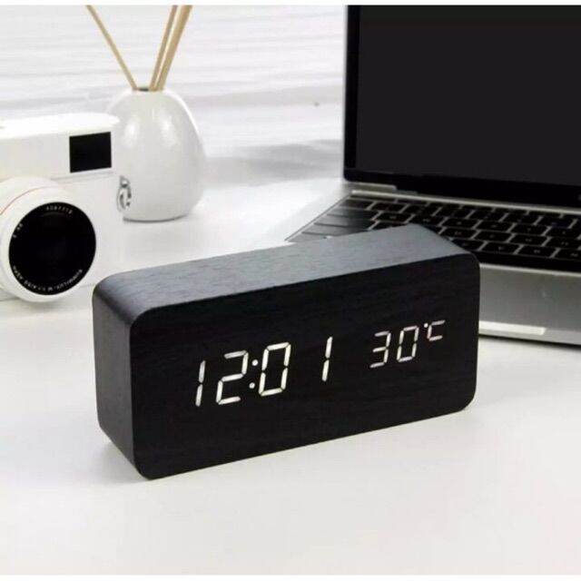 LED Wooden Alarm Clock Watch Table Voice Control Digital Wood