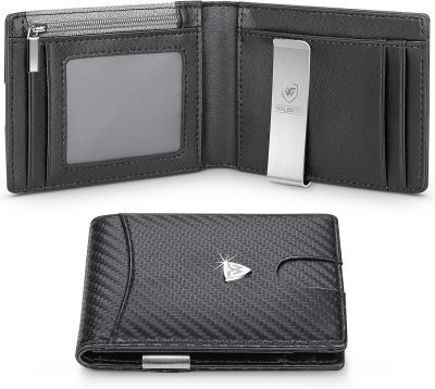 （Layor wallet） มินิขนาดเล็กคาร์บอน Farbic หนังกระเป๋าสตางค์ผู้ชายบางกระเป๋าผู้ถือบัตรคลิปเงิน RFID กระเป๋าเหรียญ