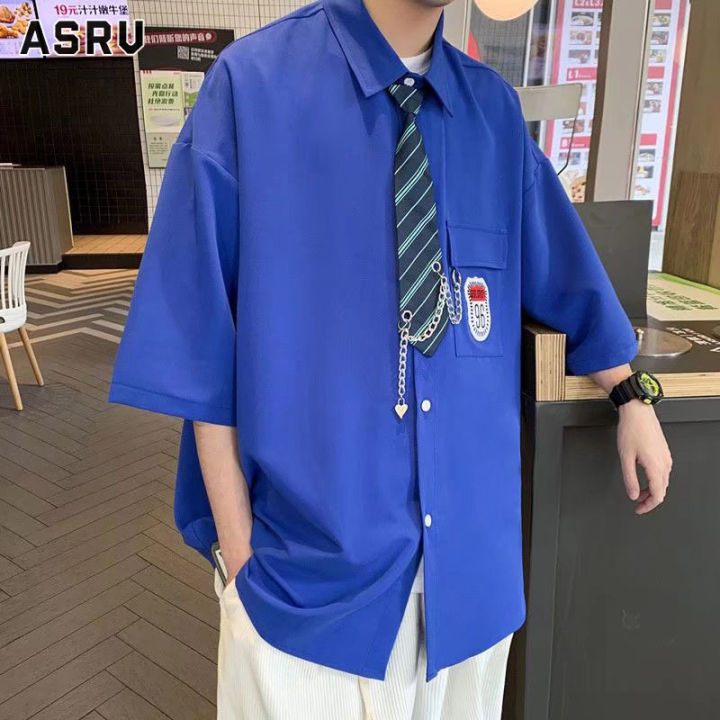 asrv-เสื้อเชิ้ตชาย-เสื้อเชิ้ตผู้ชาย-เสื้อเชิ้ตลำลองชาย-shirts-for-men-เชิ้ตผู้ชาย-เสื้อหล่อทรงหลวมเสื้อเชิ้ตลำลองแฟชั่นแขนสั้นชายเชือกรองเท้าลายฤดูร้อน