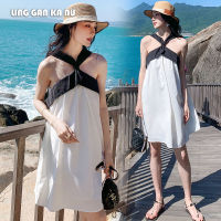 LING GAN KA NU ชุดสตรีฤดูร้อนใหม่แฟชั่นเกาหลีอารมณ์เอวสูงความคมชัดคอสลิงชุด A-Line Dress