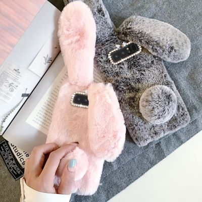 「Enjoy electronic」 Cute Rabbit Ears Case For Samsung Galaxy S21 S20 Ultra FE S10 S9 S8 Plus Note 20 10 8 9 Pro Diamond Soft TPU Plush Phone Cover