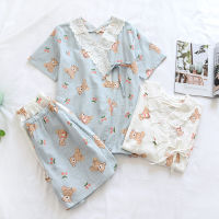 Spot parcel post Factory Wholesale Pajamas Cotton Yarn Short-Sleeved Shorts Summer Thin Two-Piece Suit Japanese Home Wear Kimono Suit