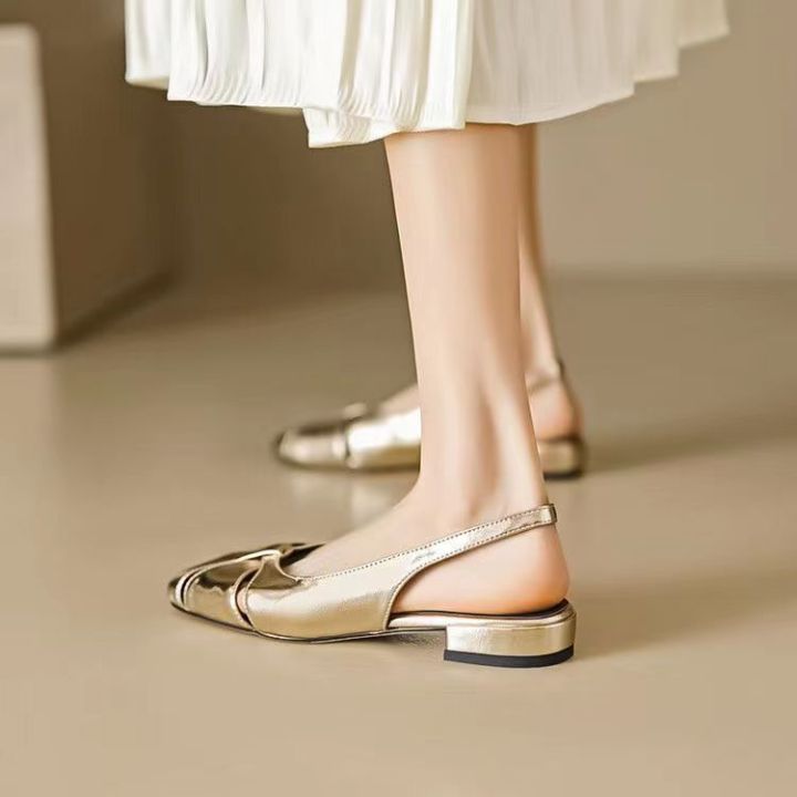2023-new-spring-and-summer-sky-soft-leather-toe-cap-sandals-womens-outer-wear-flat-shoes-back-strap-square-toe-golden-silver-temperament
