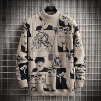 【YD】 Anime Sweater Men Sweaters Sleeve Pullovers Streetwear Cartoon Pattern Mock Neck Japan