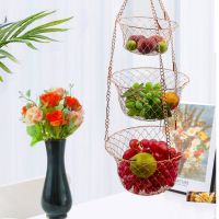 3-Tier Kitchen Hanging Fruit Basket Wire Hanging Folding Basket Hook Design Save Space For Kitchen Halls Rooms Storage